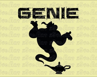 May include: Black silhouette of a genie with arms raised, emerging from a magic lamp. The word "GENIE" is above the genie in a bold, distressed font. The background is a light yellow color with the text "xSvgArt" repeated.