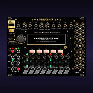 Könnte beinhalten: Schwarzer elektronischer Musiksynthesizer mit goldenen Akzenten und dem Text "PEWIFORMER". Verfügt über zahlreiche Knöpfe, Tasten und Anschlüsse, einschließlich USB- und MIDI-Eingängen. Das Design umfasst einen Bildschirm und verschiedene Funktionsbezeichnungen.