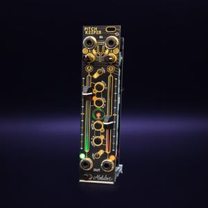 Könnte beinhalten: Ein schwarzes Eurorack-Modular-Synthesizer-Modul mit der Aufschrift Pitch Keeper in goldener Schrift und Grafik. Es verfügt über zwei vertikale Fader, mehrere Drehregler, Ein- und Ausgangsbuchsen sowie beleuchtete Tasten mit grünen und orangefarbenen LED-Anzeigen.