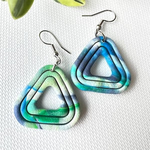 Blue and Green Marble Earrings | Handmade Polymer Clay Earrings | Statement Dangle Earrings | Lightweight | Stainless Steel | UK earrings