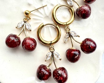 Cherry Earrings, Fruit Gold Hoop Earrings, Huggie Earrings, Cute Kawaii Polymer Clay Red Cherries Earrings, Spring Summer Food Earrings