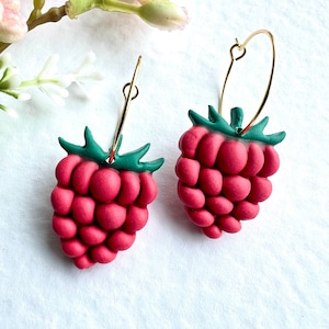 Op de afbeelding: Een paar gouden creolen met rode en groene hangers in de vorm van frambozen. De oorbellen zijn gemaakt van polymer clay en perfect om elke outfit een vleugje speelsheid te geven.