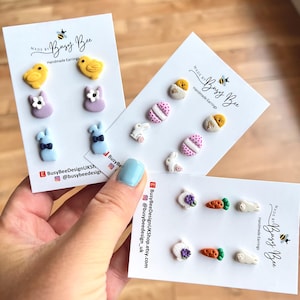 Stel je eigen paasstekkerset samen – Handgemaakte oorbellen van polymeerklei | Oorbellen konijn, kuiken, paasei, wortel en bloemen | Lente-oorbellen