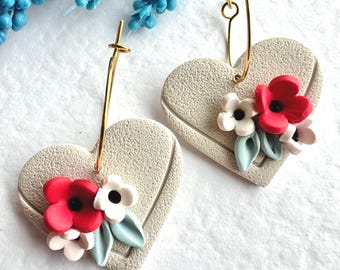 Floral Heart Hoop Earrings: Handmade Polymer Clay Dangles