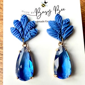 Blue Sapphire Glass Teardrop Earrings with Polymer Clay Leaf Studs, Blue Crystal Stone Drop Earrings, September Birthstone Jewelry for Her