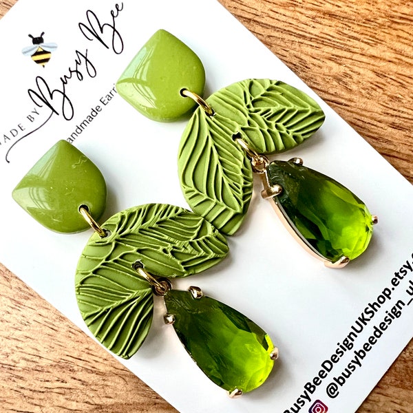 Peridot Green Glass Earrings, Polymer Clay Leaf Earrings, Art Deco Earrings, August Birthstone, Gem Earrings, Best Gift for Her Birthday