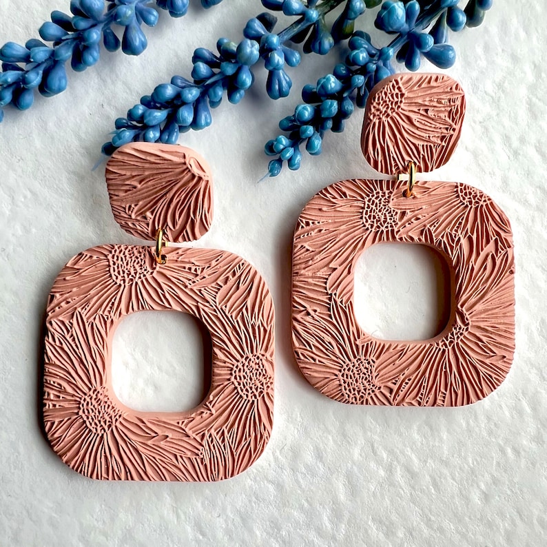 Retro Geometric Earrings, Floral Square Clay Earrings, Statement Dangly Earrings, Handmade Polymer Clay, Unique Birthday Gift for Her Friend pink nude