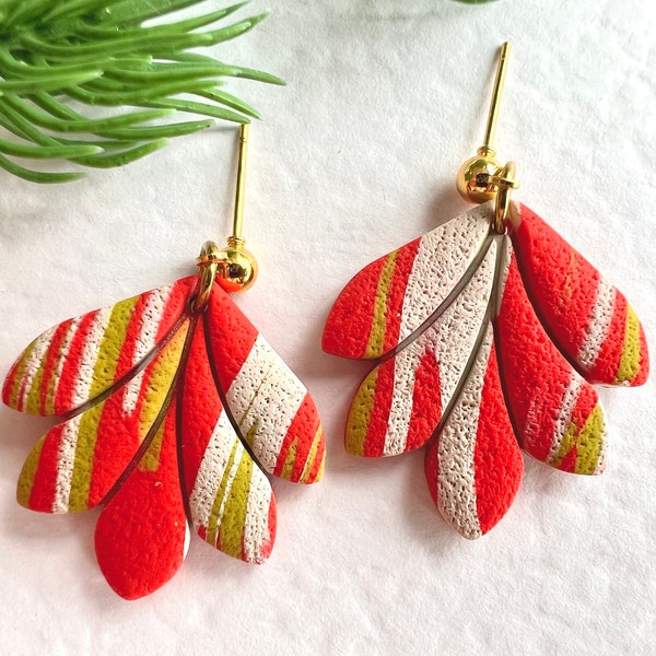 Vibrant Red Clay Earrings with Green Lime and White Pattern, Modern Geometric Statement Earrings, Fashion Earrings for Woman, Bold Jewellery