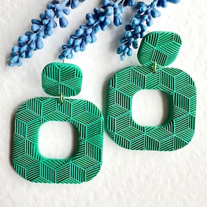 Retro Geometric Earrings, Floral Square Clay Earrings, Statement Dangly Earrings, Handmade Polymer Clay, Unique Birthday Gift for Her Friend vivid green