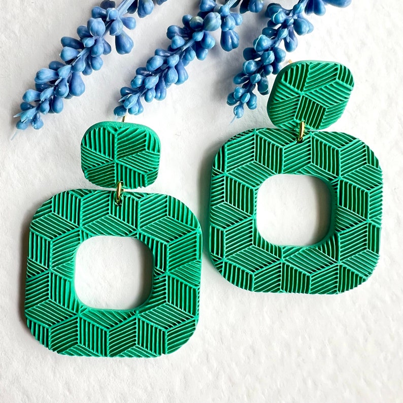 Retro Geometric Earrings, Floral Square Clay Earrings, Statement Dangly Earrings, Handmade Polymer Clay, Unique Birthday Gift for Her Friend vivid green