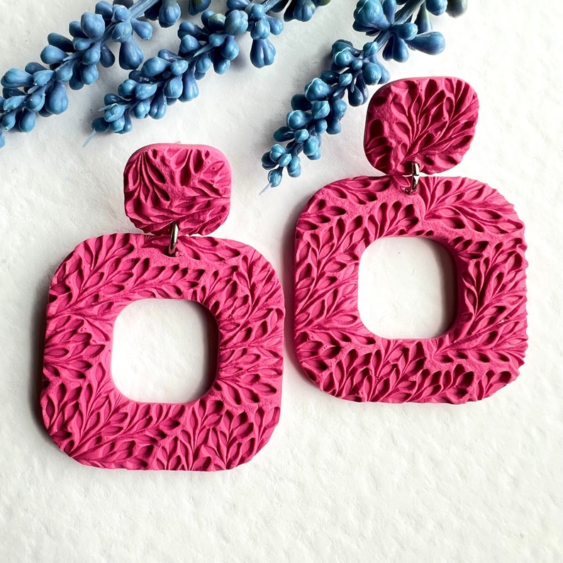 Retro Geometric Earrings, Floral Square Clay Earrings, Statement Dangly Earrings, Handmade Polymer Clay, Unique Birthday Gift for Her Friend raspberry