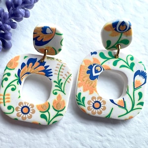 White, blue, yellow and gold polymer Clay Earrings / Floral Earrings / Statement Earrings / Handmade / Lightweight / Durable / Botanical