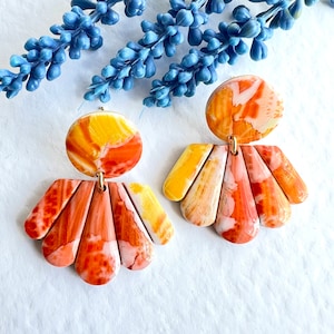 Colourful Orange Earrings, Peach Fuzz Dainty Stud Dangles, Handmade Polymer Clay, Stylish Marble Dangle Drop Jewelry, Perfect Gift Ideas