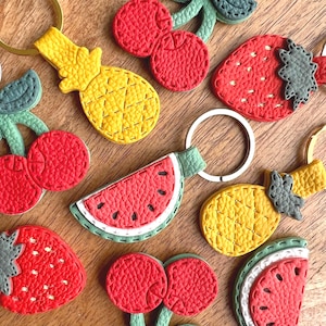 Handmade Fruit Keychains, Faux Leather Effect Strawberry, Cherry, Pineapple or Watermelon, Polymer Clay Bag Charms, Cute Gifts for Her