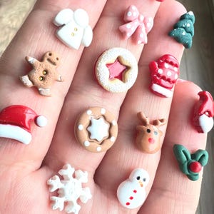 Peut inclure: Une collection de miniatures de Noël aux formes et couleurs variées. Comprend un bonhomme en pain d'épices, un bonnet de Père Noël, un flocon de neige, un bonhomme de neige, un sapin, une moufle, un nœud, un renne, un biscuit en forme d'étoile et une branche de houx.