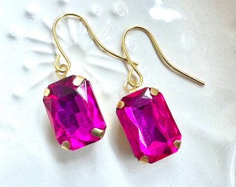 Hot Pink Earrings, Art Deco Earrings, Fuchsia Glass Earrings, Geometric Hot Pink Dangle Earrings, Fancy Crystal Earrings for Bridesmaids