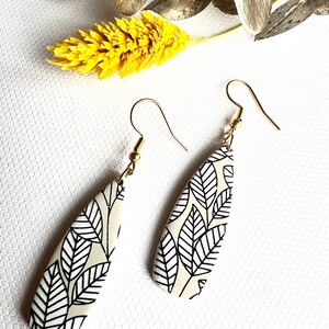 Ecru white & brown leaves pattern dangles | Polymer Clay Earrings | Statement Earrings | Lightweight | Durable | Handmade
