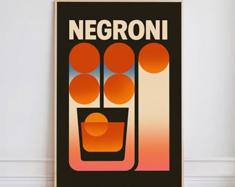 Negroni Poster, Retro Cocktail Art, Mid Century Bar Decor, Alcohol Wall Art, Cocktail Print, Modern Drink Illustration