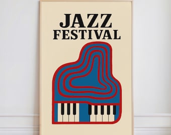Retro Jazz Festival Poster, Mid-Century Piano Art