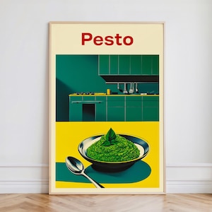 Poster moderno-retrò di pesto / Stampa artistica da parete di cibo italiano / Decorazione da cucina verde retrò
