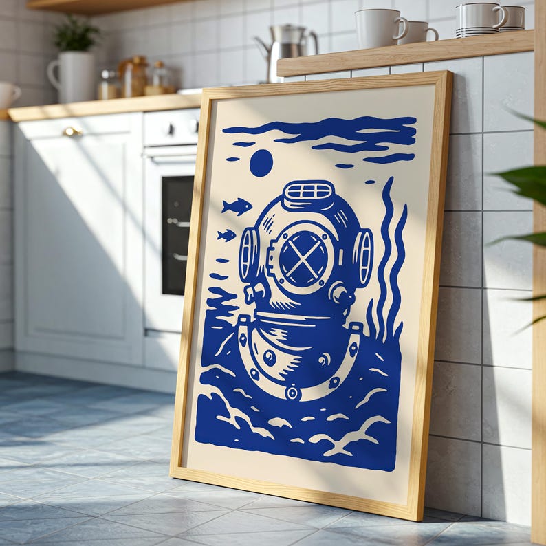 Antique Diving Helmet Poster, Scuba Diver Wall Art, Deep Sea Diving ...