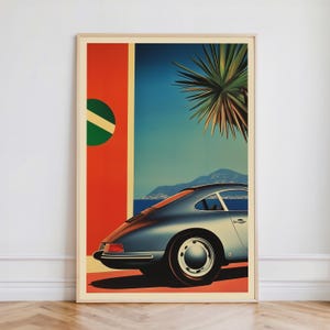 Poster vintage Porsche 911 / Arte murale auto retrò / Stampa di viaggio di metà secolo / Illustrazione di auto d'epoca / Decorazione di Coastal Drive