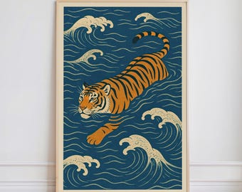 Japanese Tiger Swimming Poster, Vintage Ukiyo-e Style Wall Art, Asian Inspired Tiger Decor