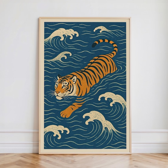 Japanese Tiger Swimming Poster, Vintage Ukiyo-e Style Wall Art, Asian Inspired Tiger Decor