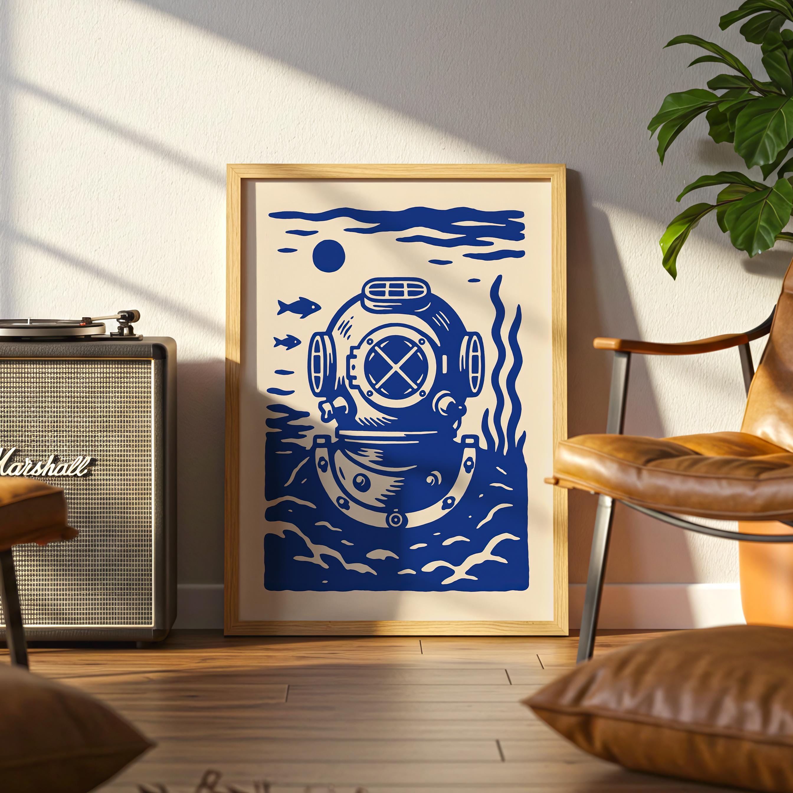 Antique Diving Helmet Poster, Scuba Diver Wall Art, Deep Sea Diving ...
