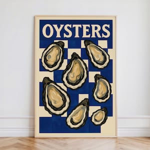 Poster di ostriche / Arte murale retrò di frutti di mare / Decorazione da cucina costiera / Stampa di un bistrot francese / Illustrazione di cibo di metà secolo