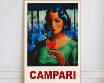 May include: A vintage poster advertising Campari, featuring a woman in a green dress holding a glass of the red liqueur. The background shows a crowd of people in a cafe setting.