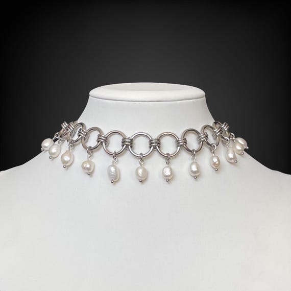 chainmail pearl choker necklace - stainless steel, freshwater pearls