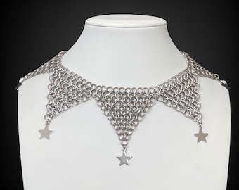 Chainmail Clown Collar with stars - stainless steel Jester necklace