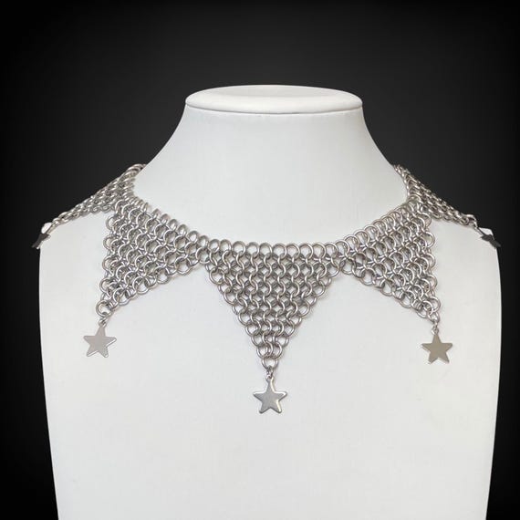 Chainmail Clown Collar with stars - stainless steel Jester necklace