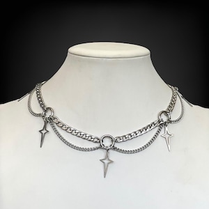 Choker Necklace with four point stars - Stainless Steel - Alt, punk
