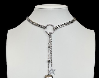 Stainless Steel Heart & Star Lariat Necklace