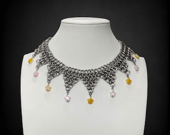 Clown Collar with stars - Yellow and Pink - Chainmail Jester Collar stainless steel necklace