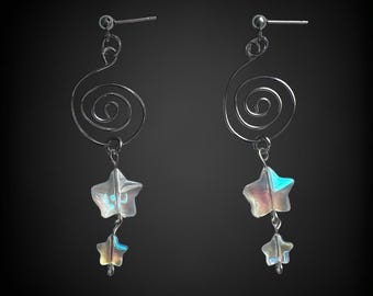 Swirl Star Drop Earrings: Stainless Steel Wire, Iridescent Celestial Beads
