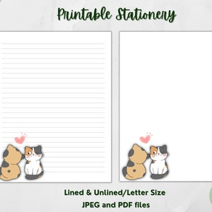 Papeterie imprimable Papier à lettres chat kawaii Chatons mignons chat Bloc-notes imprimable pour stylo | doublé et non doublé | Format lettre 8,5 x 11 pouces