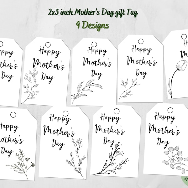 Mother's Day Gift Tags | Printable Mom Tags | Tags For Moms Day | Botanical Vector Black and White tags 2x3 inch 9 designs gift tags BW tags