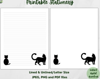 Printable Letter Writing Paper Cat Stationery Black Cats PenPal Notepad | Lined & Unlined | Letter size 8.5x11 inches