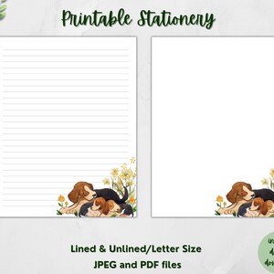 Puede incluir: Conjunto de papelería imprimible con una hoja de tamaño carta con líneas y sin líneas que presenta una ilustración de acuarela de un grupo de perros beagle durmiendo en un campo de flores amarillas.