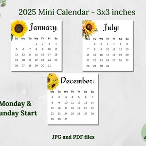 Calendário Mini 2025 para impressão 3x3 polegadas Calendário de bolso Calendário de mesa Cartões de calendário para impressão Design de girassol Início de domingo e segunda-feira