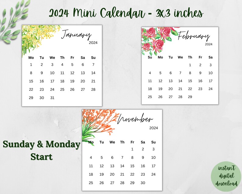 Printable 2024 Mini Calendar 3x3 Australian Native Flowers Pocket