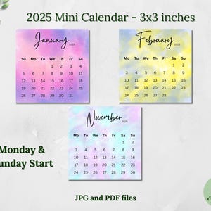 Calendário Mini 2025 para impressão 3x3 polegadas Calendário de bolso Calendário de mesa Cartões de calendário para impressão Aquarela Splash Domingo e segunda-feira Início