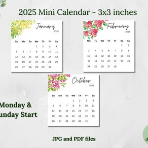 Mini calendario imprimible 2025 3x3 con flores nativas australianas, calendario de bolsillo, calendario de escritorio, calendario de tarjetas, calendario digital, lunes y domingo