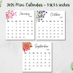 Calendario mini imprimible 2025 de 3,5 x 3,5 pulgadas, calendario floral, calendario de bolsillo, calendario de escritorio, tarjetas de calendario imprimibles, calendario digital