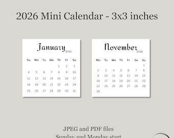 Printable 2026 Mini Calendar 3x3 inches Minimalist Calendar Pocket Calendar Desk Calendar Printable Planner Calendar Cards Digital Calendar