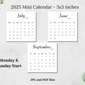 Printable 2025 Mini Calendar 3x3 inches Minimalist Calendar Pocket Calendar Desk Calendar Printable Planner Calendar Cards Digital Calendar