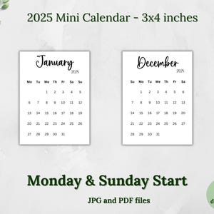 Calendário Mini 2025 para impressão 3x4 Calendário Minimalista Planejador Calendário Cartões Calendário de Mesa Calendário Digital Preto e Branco Domingo Segunda-feira